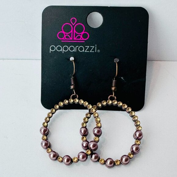 Paparazzi Purple Pearl & Gold Rhinestone Hoop Earrings – Glam Statement Dangles - Picture 2 of 2